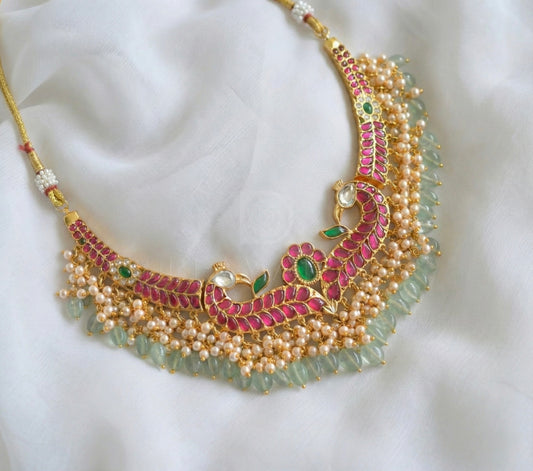 Gold tone pink-green-white kundan jadau peacock necklace dj-38153