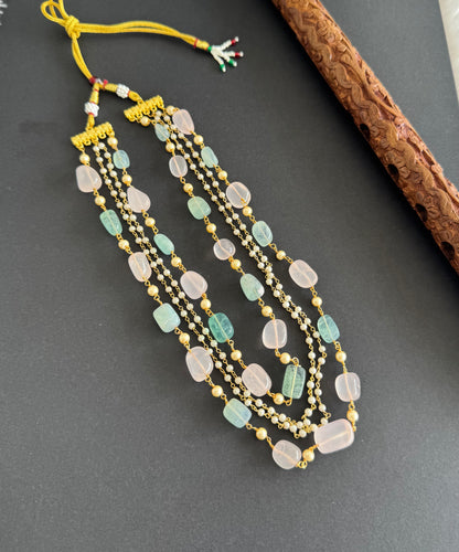 Antique gold tone baby pink Green Onyx Beaded Necklace Set Dj-51462