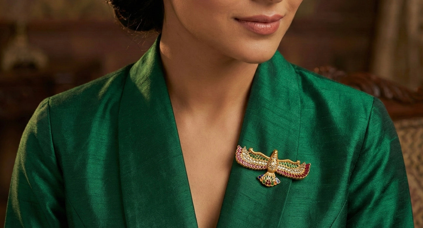 Matte finish Navarathna kundan jadau bird brooch dj-52646