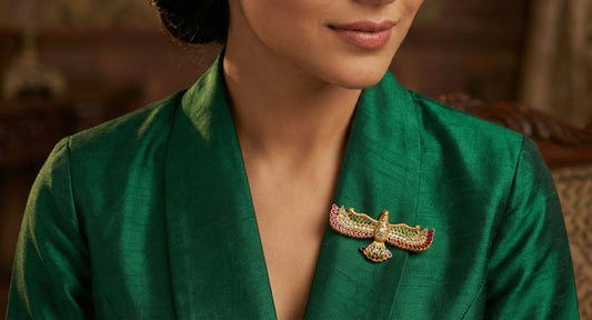 Matte finish Navarathna kundan jadau bird brooch dj-52646