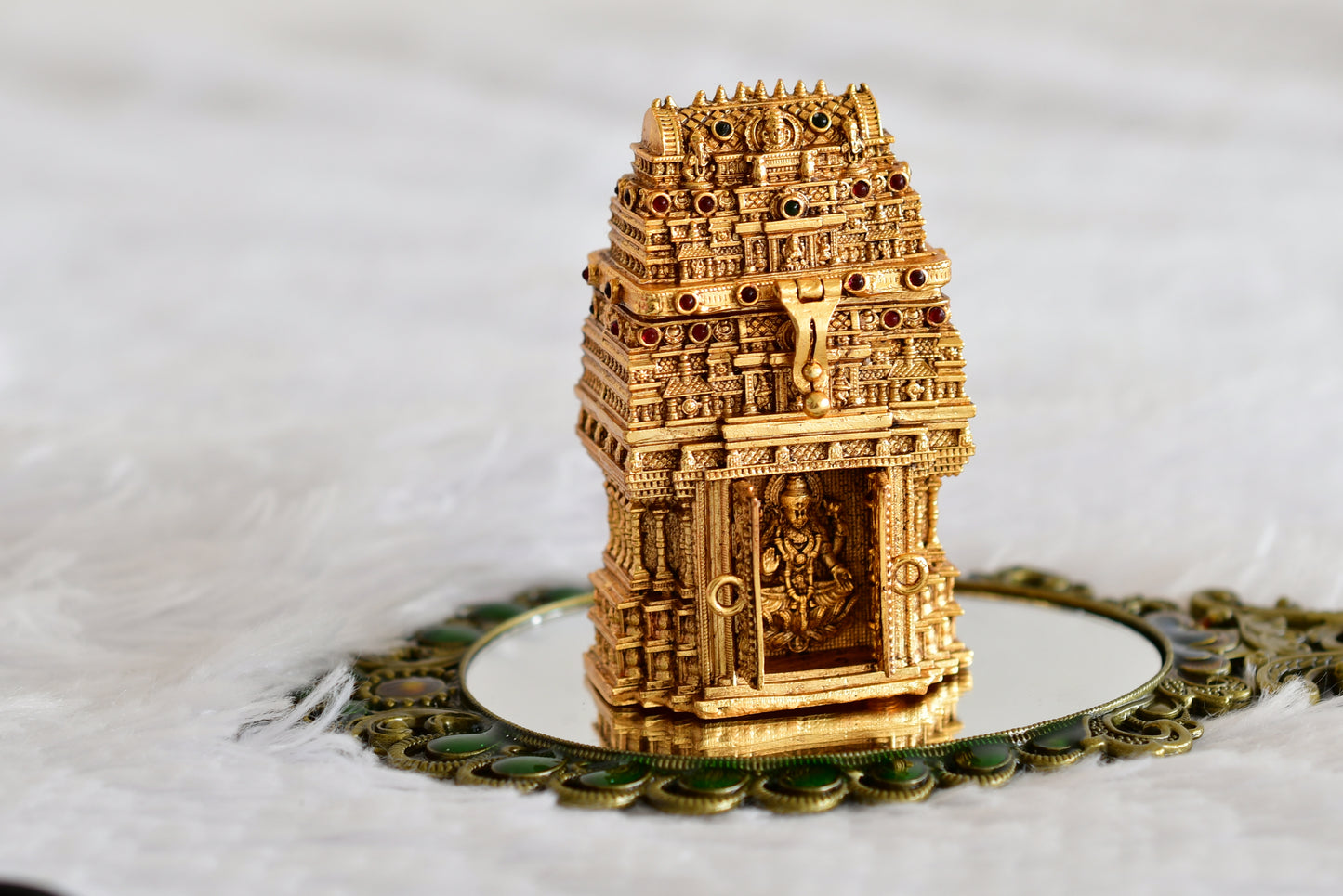 Antique gold tone Ma Lakshmi temple kumkum box dj-52322