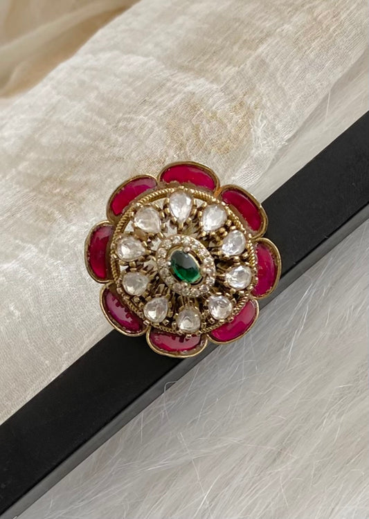 Antique gold tone pink-green-white kundan jadau round finger ring dj-54323