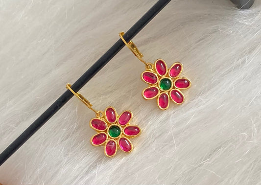 Gold tone pink-green flower hook earrings dj-54487