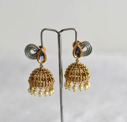 Antique gold tone purple thilak stone pearl jhumkka dj-51854