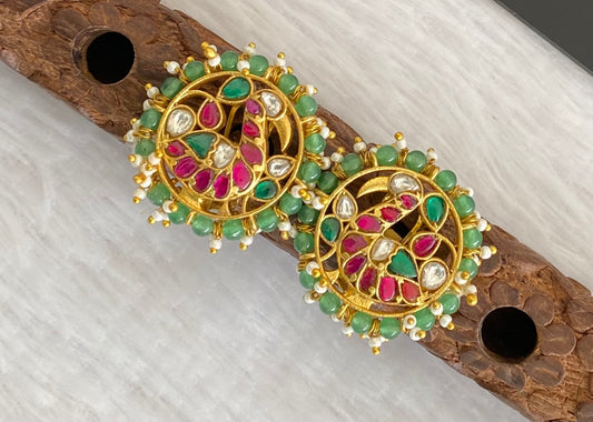 Gold tone pink-green-white pearl kundan jadau swan stud/earrings dj-53548