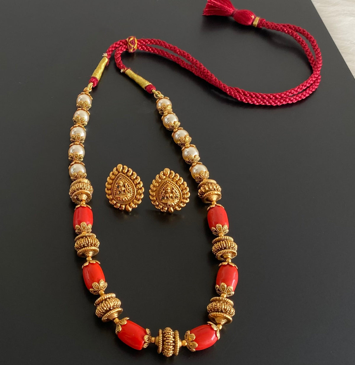 Antique gold tone coral pearl nakshi beaded necklace set dj-54945