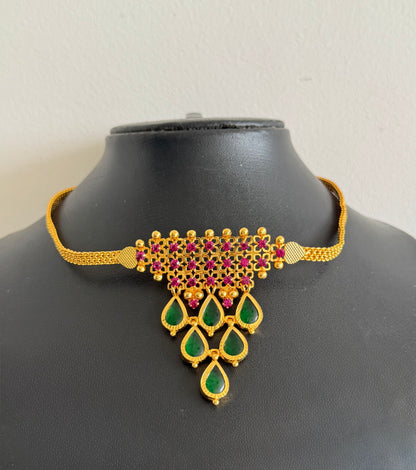 Gold tone Kerala style pink-green gopi choker necklace dj-43062