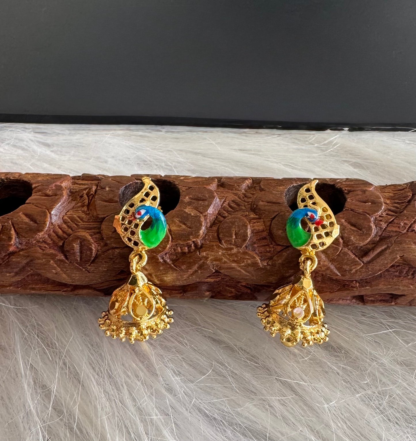 Gold tone blue-green small enamel peacock jhumkka dj-51290