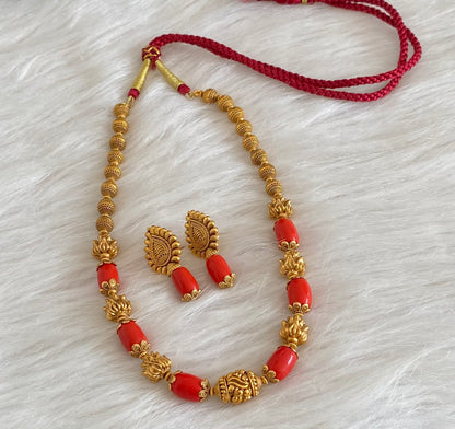Antique gold tone coral nakshi beaded necklace set dj-54949