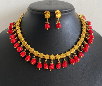 Antique gold tone red tulip beaded necklace set dj-54190