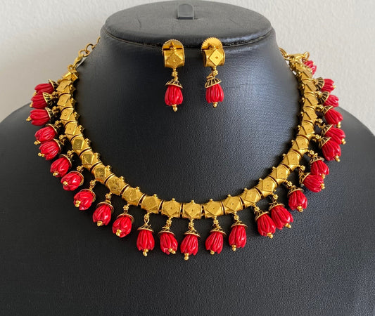 Antique gold tone red tulip beaded necklace set dj-54190