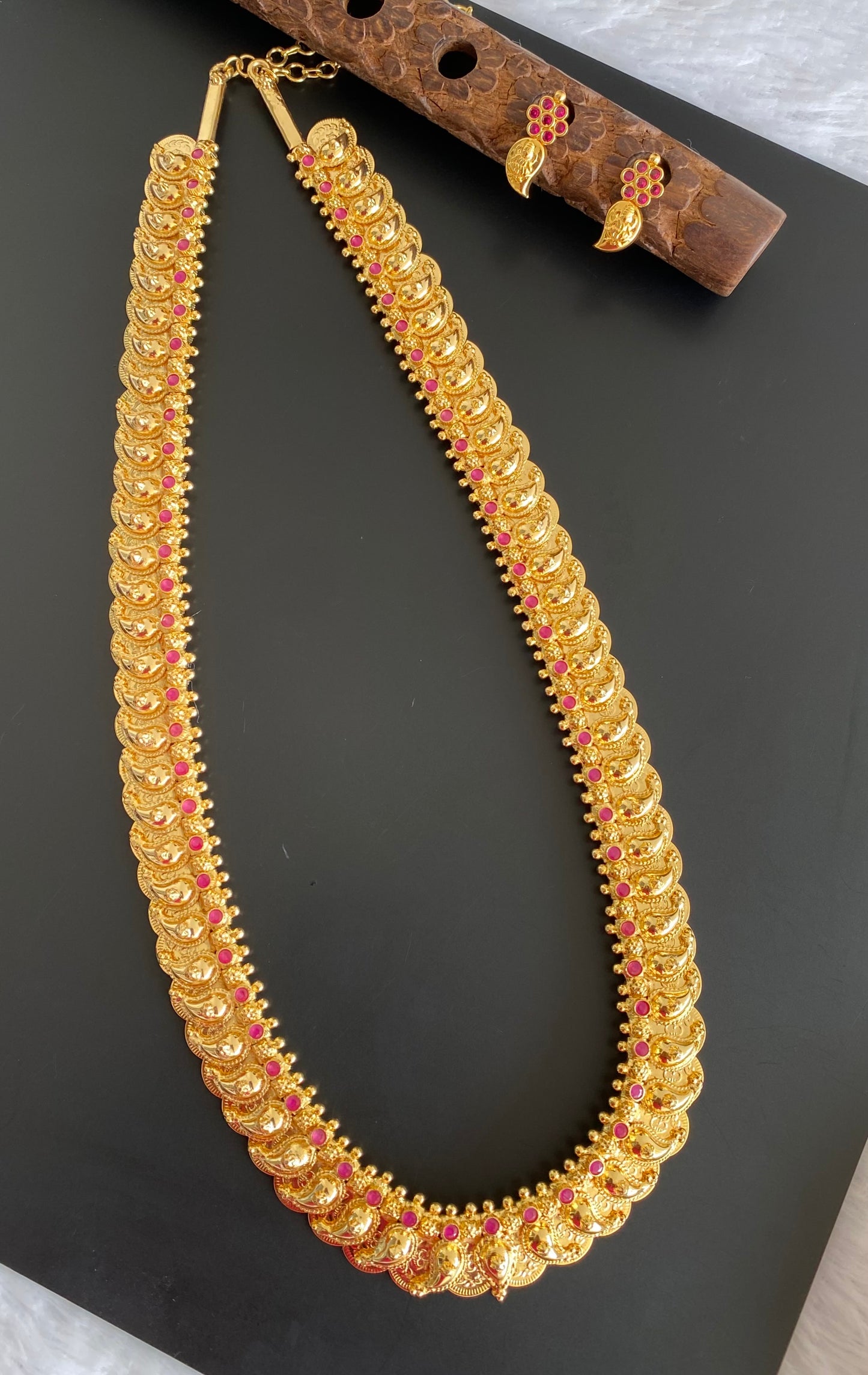 Gold tone reversible ruby mango lakshmi coin haar set dj-53109