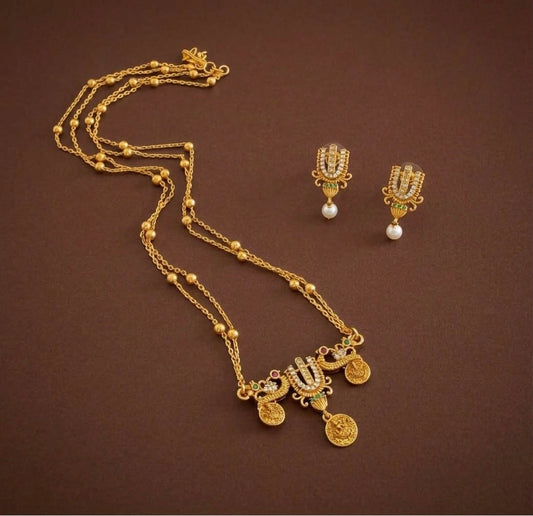 Antique gold tone 18 inches chain thirumal nama-peacock-lakshmi pendant set dj-55009