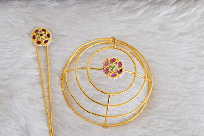 Gold tone kemp-green bun cage-hair accessory with stick Dj-52333