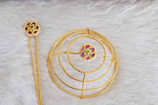 Gold tone kemp-green bun cage-hair accessory with stick Dj-52333