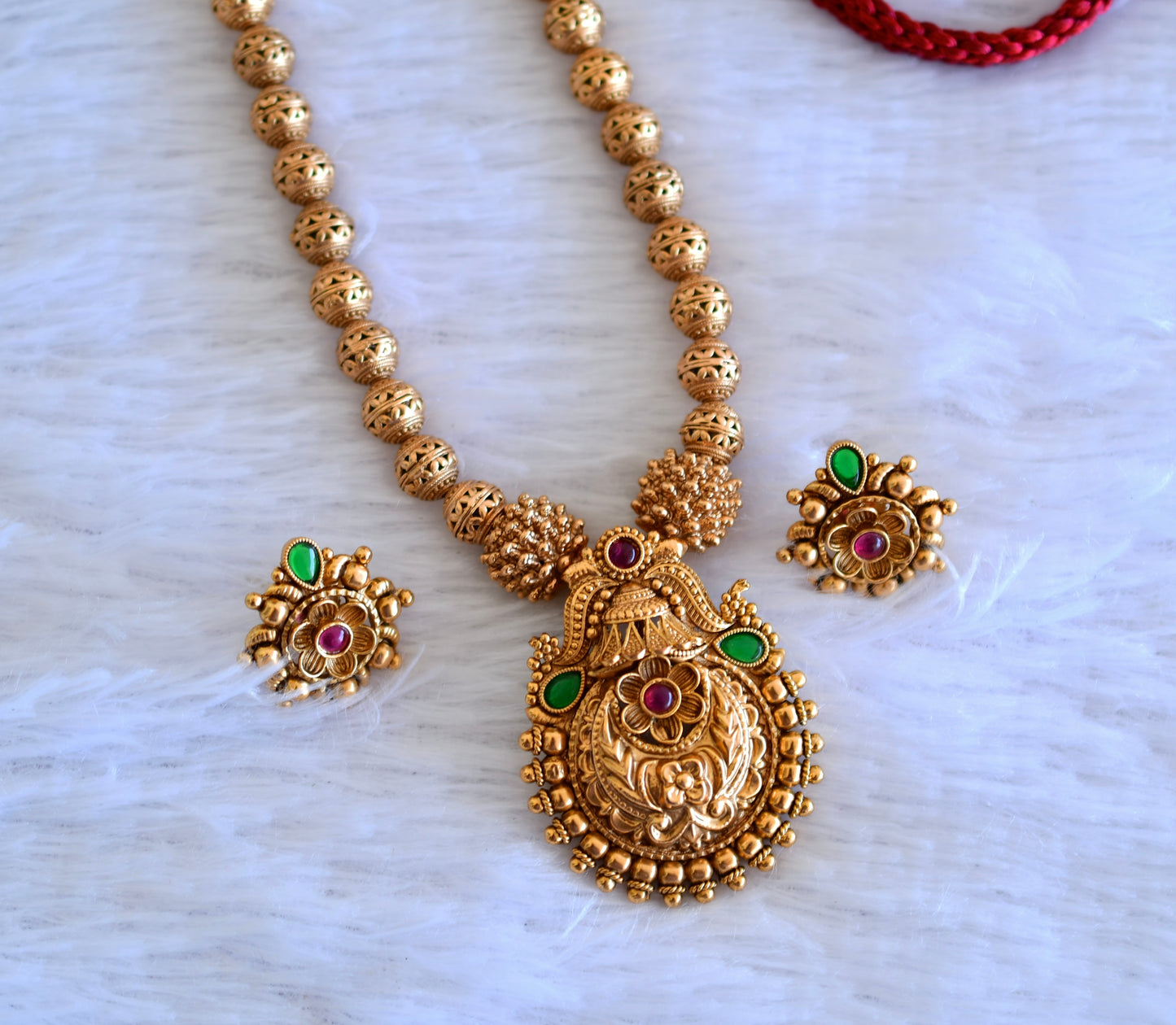 Antique gold tone kemp-green beaded nakshi necklace set dj-52740