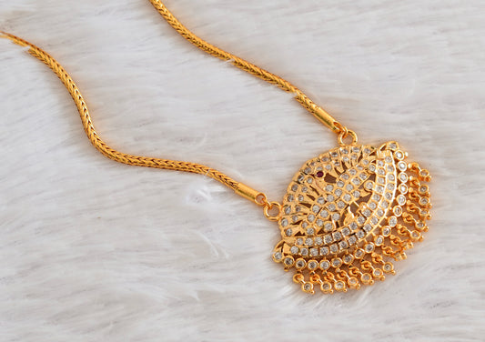 Gold tone AD white-pink peacock pendant with chain dj-53326