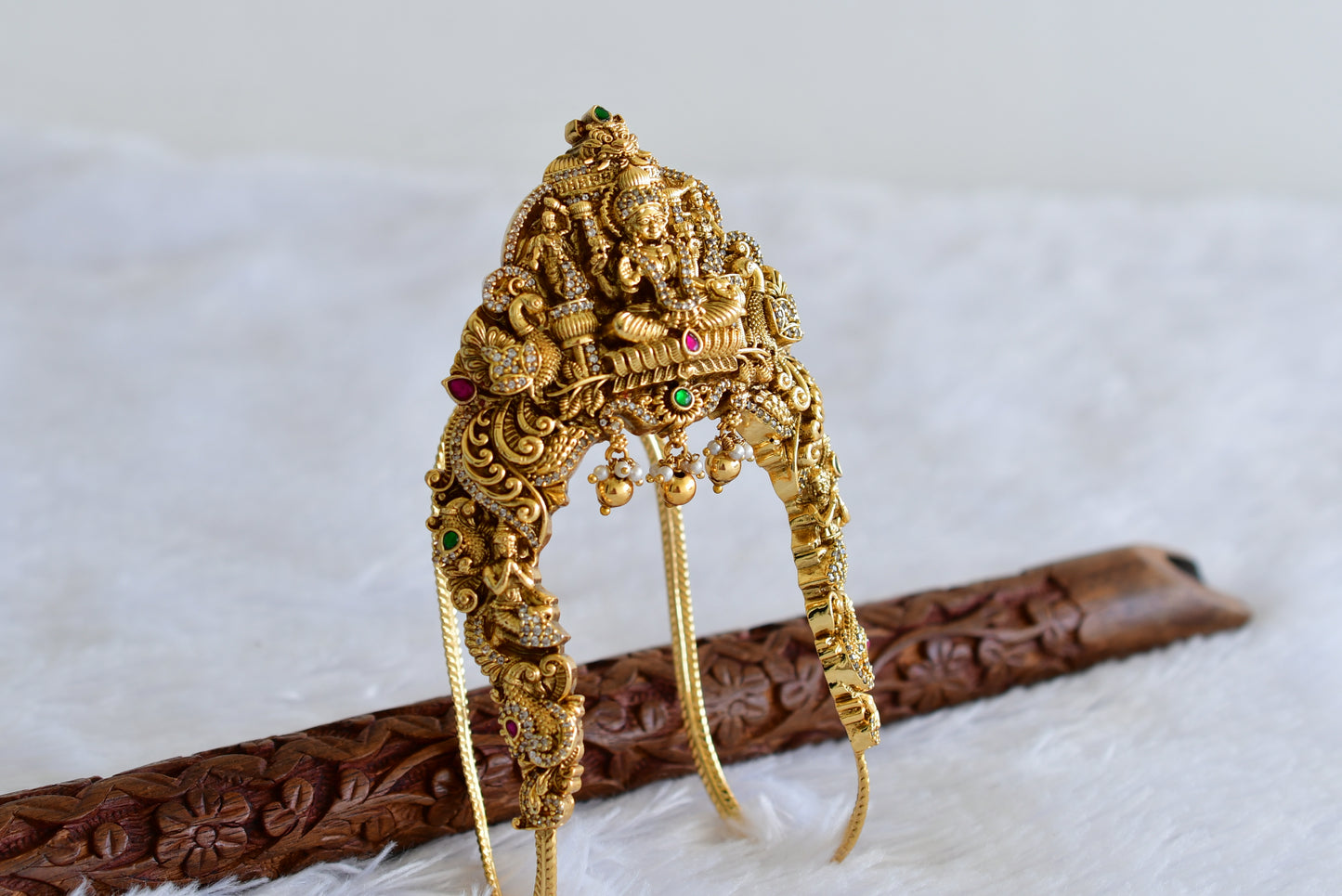 Antique gold tone cz pink-green jadau lakshmi peacock nakshi vanki/bajuband dj-51968