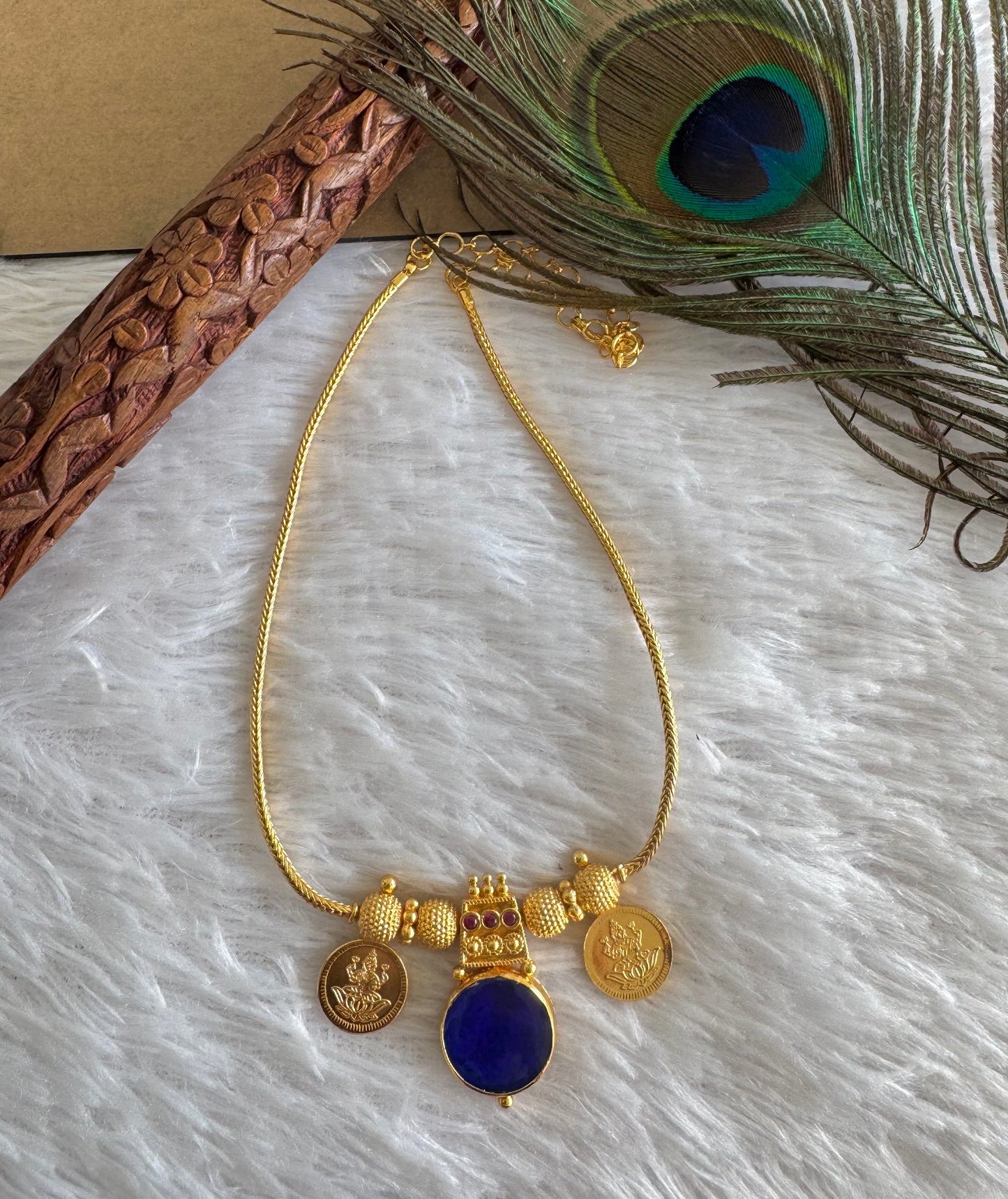 Gold tone pink-blue kerala style round kodi Lakshmi coin necklace dj-51705