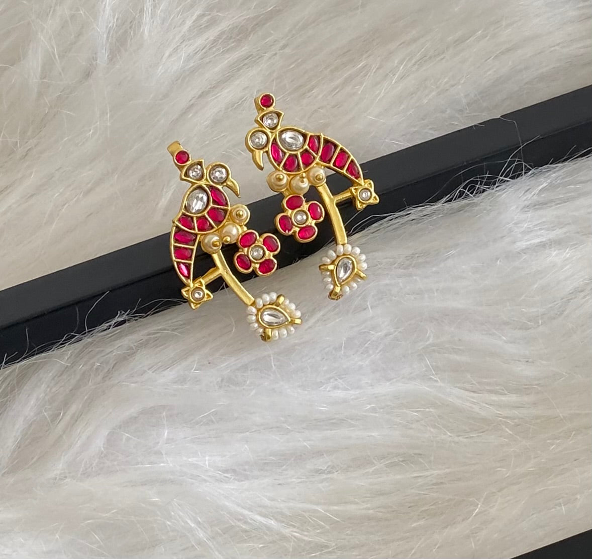 Gold tone pink-white kundan jadau bird bugadi earrings dj-54596
