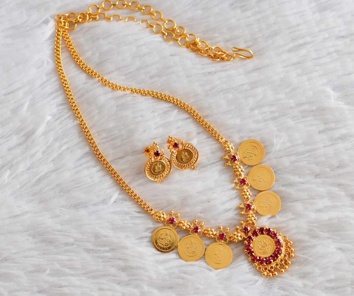 Gold tone pink stone lakshmi coin necklace set dj-51908