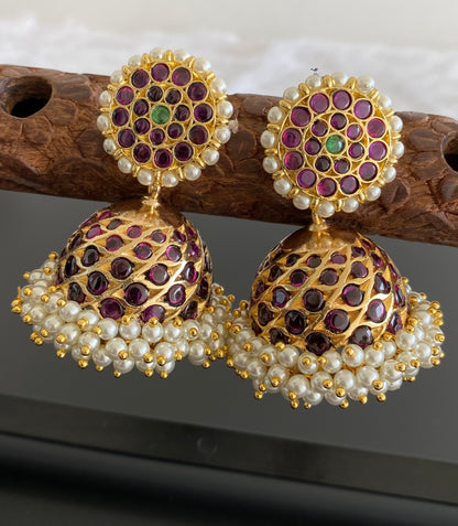 Gold tone precious kemp-green stone pearl big jhumkka dj-53216