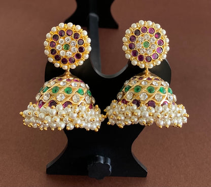 Gold tone precious kemp-green-white stone pearl big jhumkka dj-53215