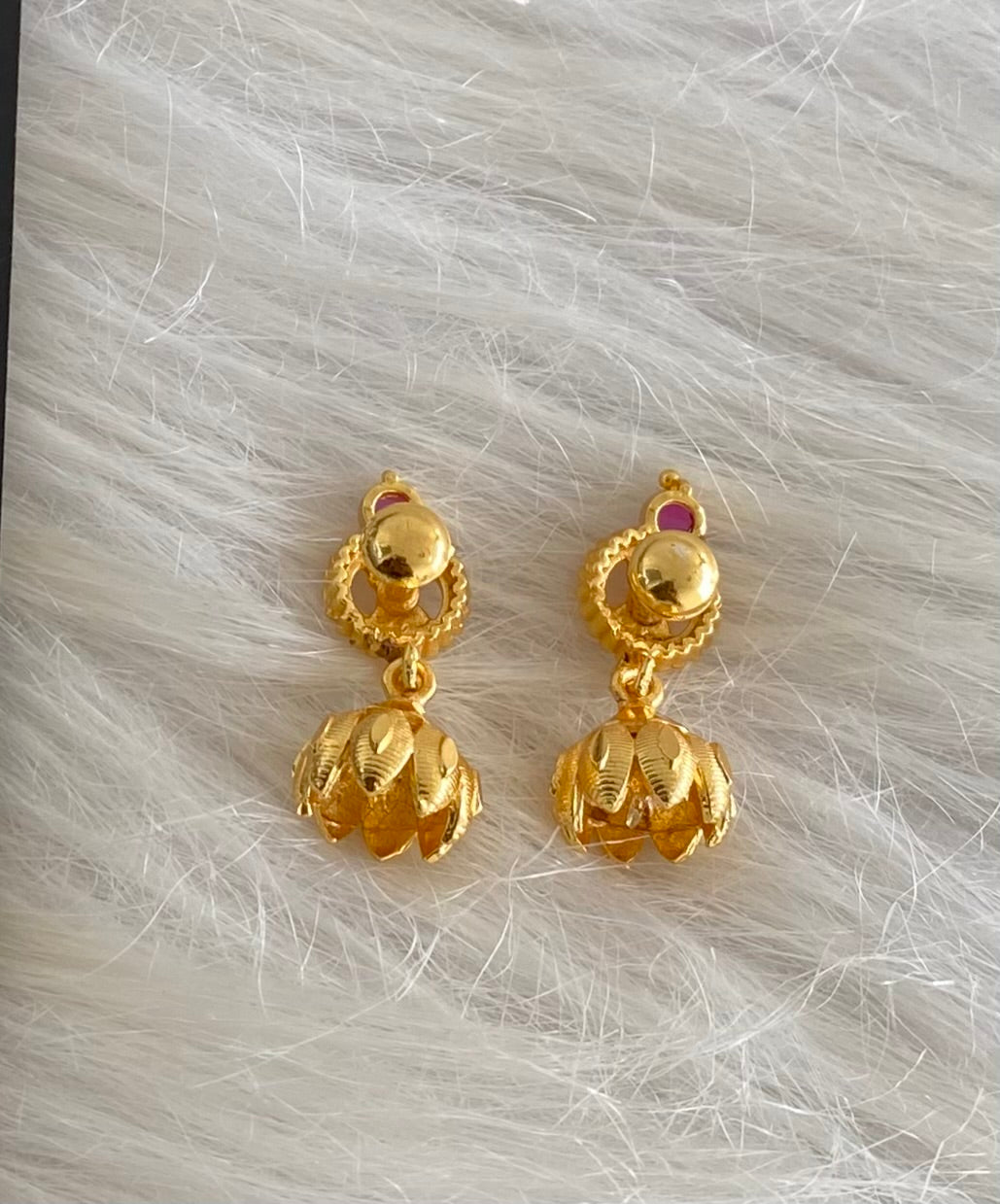 Gold tone pink stone small lakshmi lotus jhumkka dj-54612