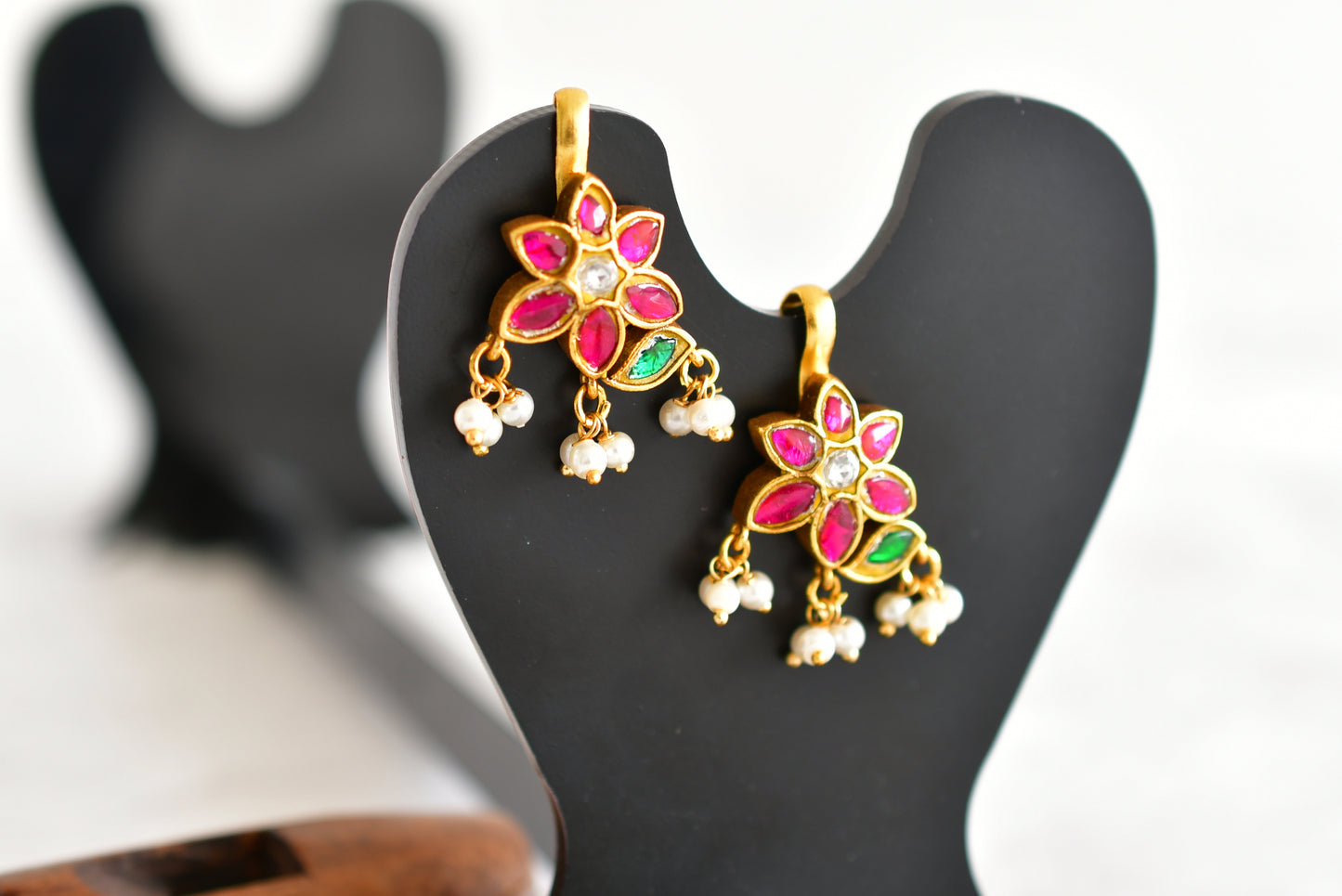 Gold tone pink-green-white kundan jadau flower bugadi earrings dj-52480