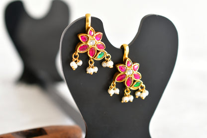 Gold tone pink-green-white kundan jadau flower bugadi earrings dj-52480