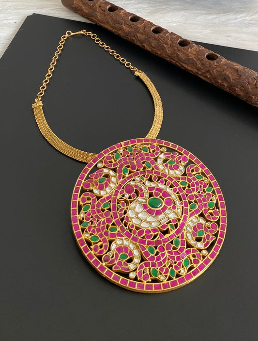 Matte finish pink-green-white kundan jadau huge round peacock necklace dj-52357