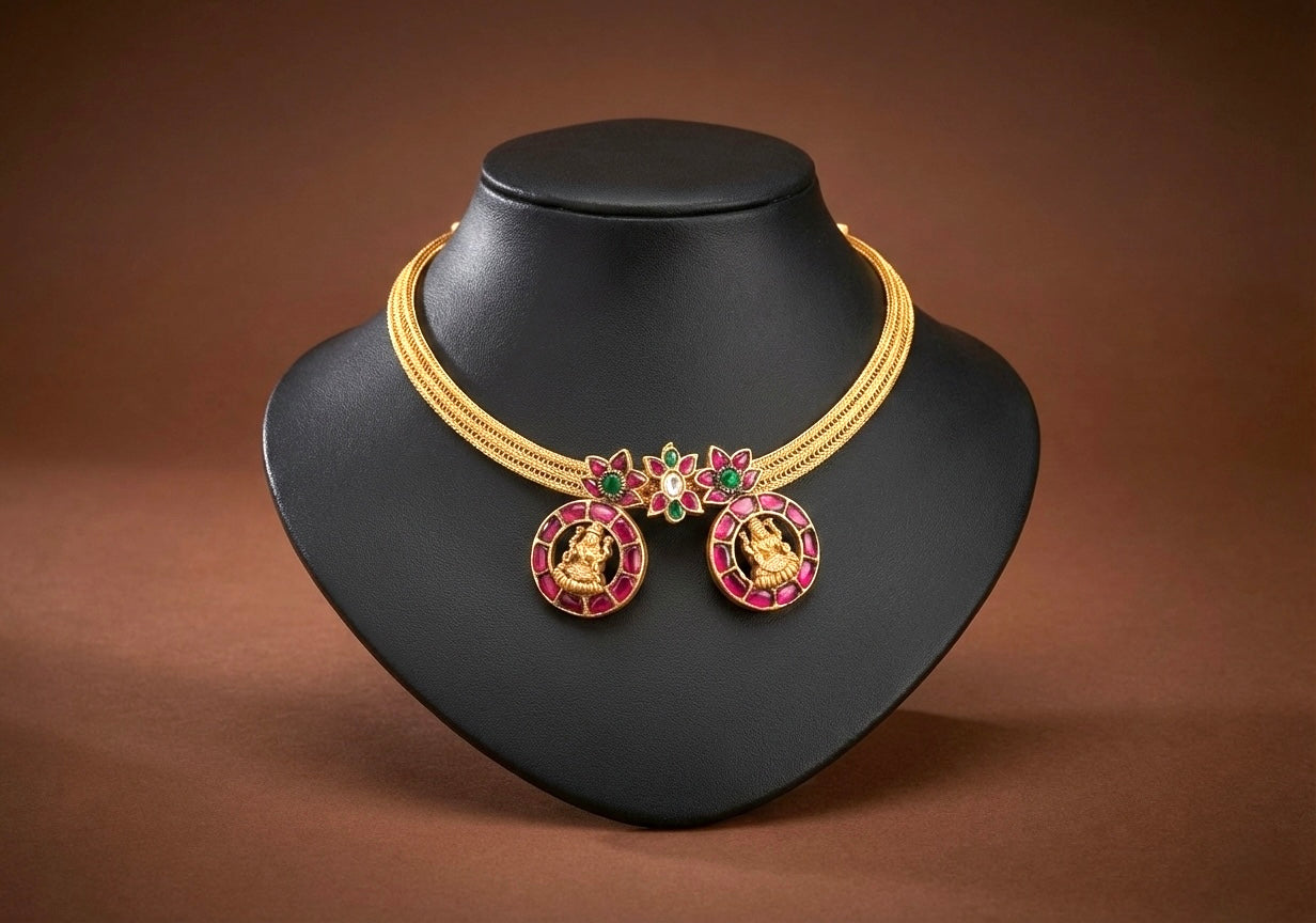 Antique gold tone pink-green kundan jadau Lakshmi necklace dj-35016