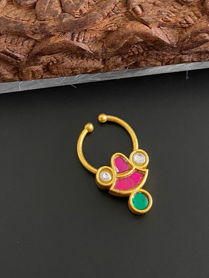 Gold tone kundan jadau pink-green-white stone nose pin/bulakku dj-53765