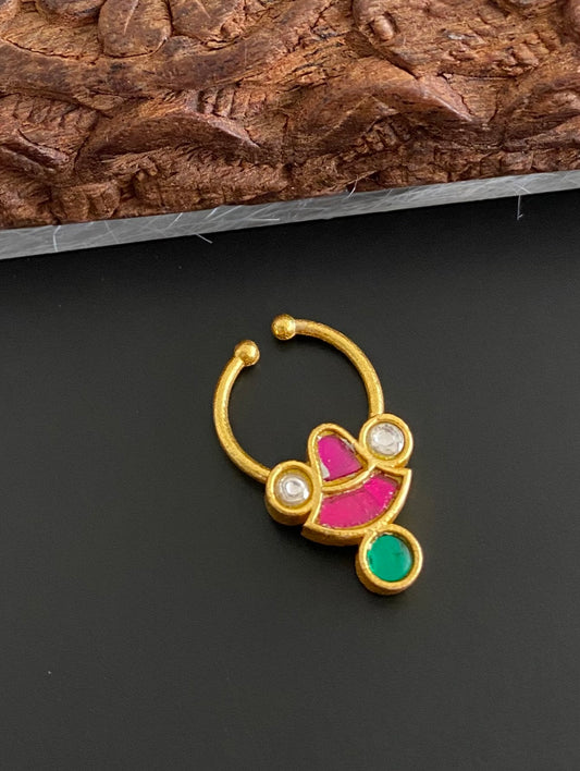 Gold tone kundan jadau pink-green-white stone nose pin/bulakku dj-53765