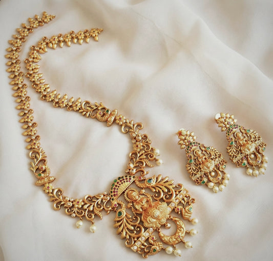 Matte finish cz ruby-green pearl lakshmi haar set DJ32805