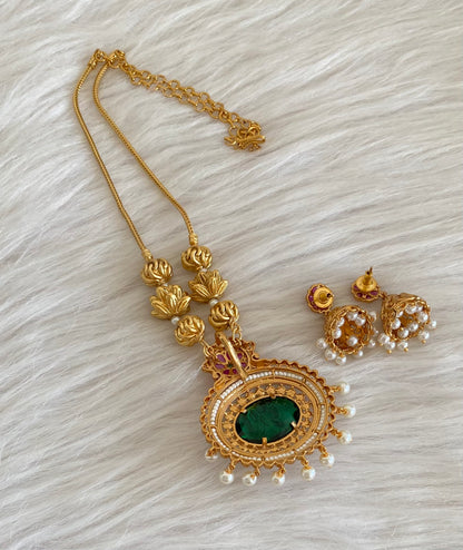 Antique gold tone lotus beaded chain with radha-krishna pendant set dj-55115