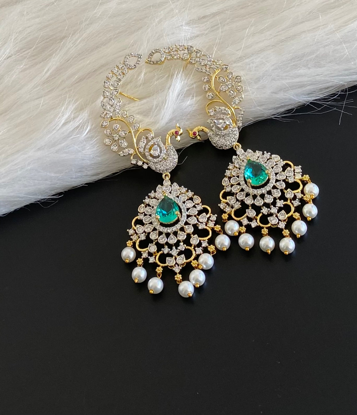 Two tone white-peacock green stone pearl peacock khanpool earrings dj-54657