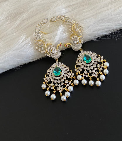 Two tone white-peacock green stone pearl peacock khanpool earrings dj-54657