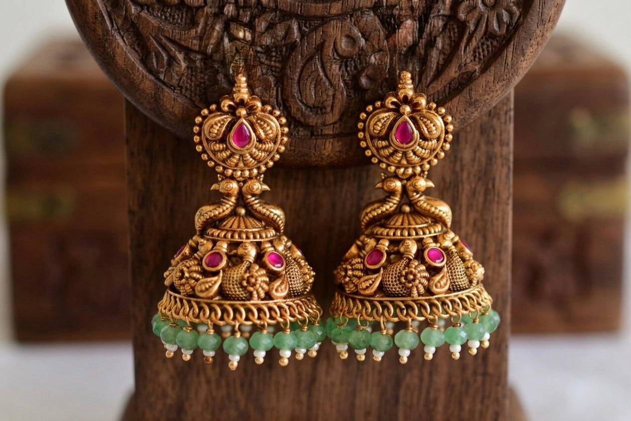 Antique gold tone pink green beaded swan jhumkka dj-52504