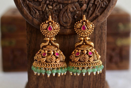 Antique gold tone pink green beaded swan jhumkka dj-52504