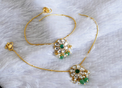 Gold tone white-green flower kundan jadau anklets dj-52401