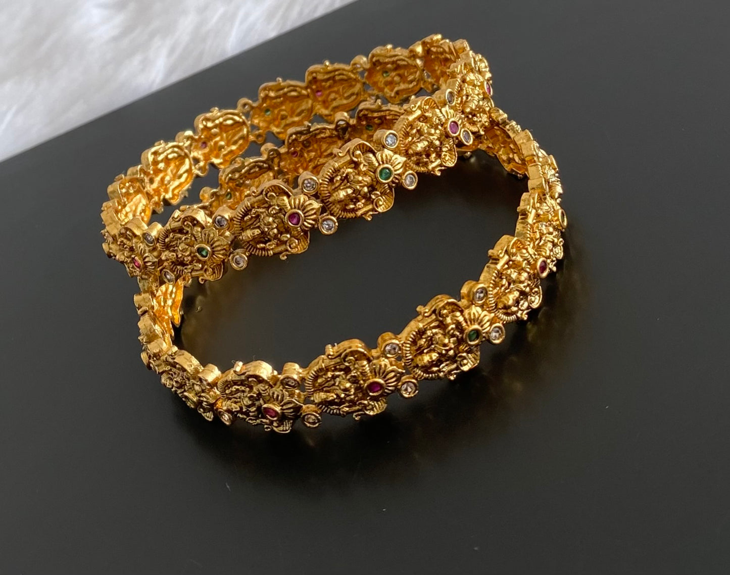 Antique gold tone ruby-green-white stone lakshmi bangles(2.6) dj-53416