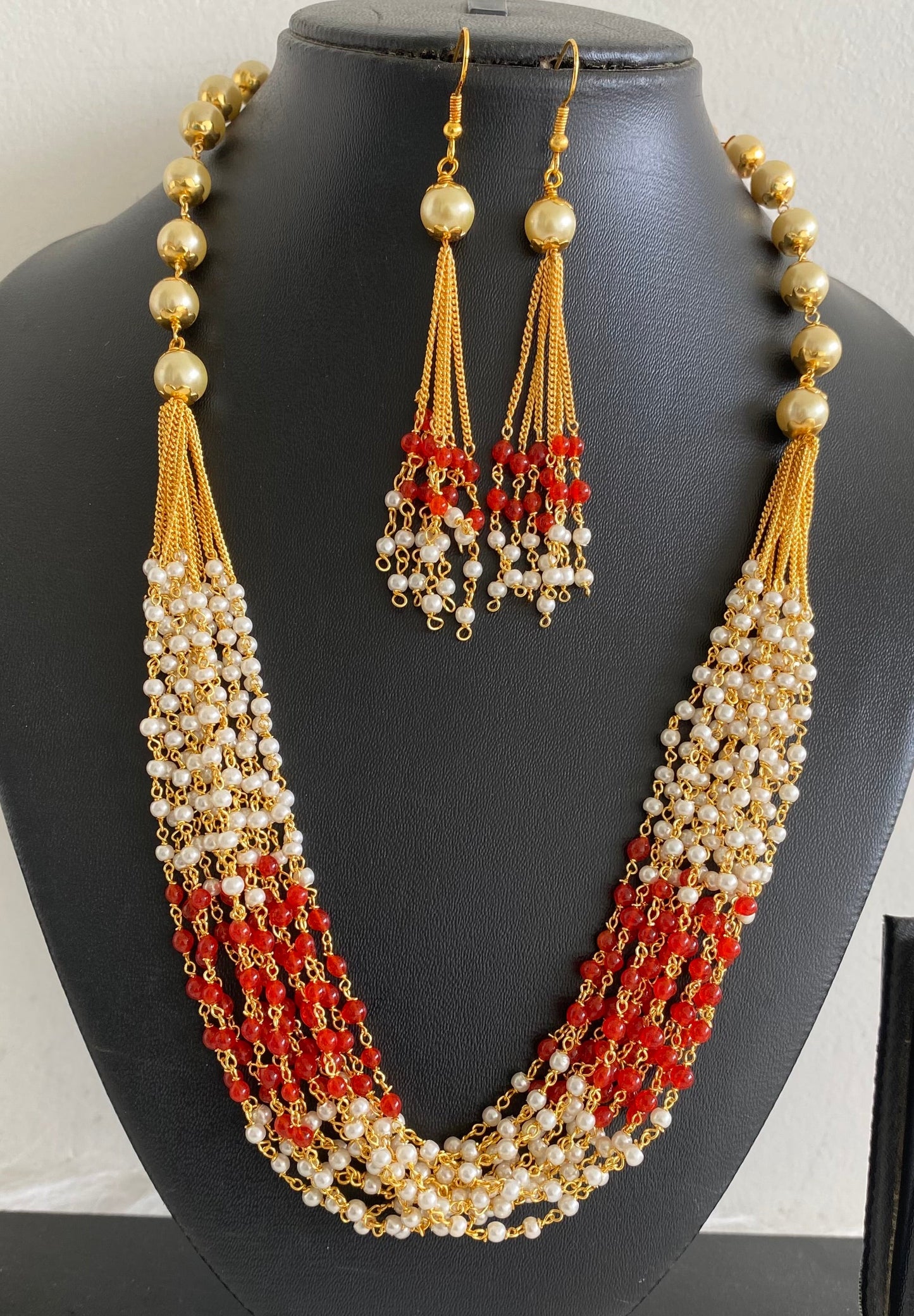Gold tone red beaded pearl multilayer necklace set dj-54210
