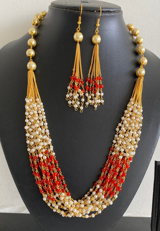 Gold tone red beaded pearl multilayer necklace set dj-54210