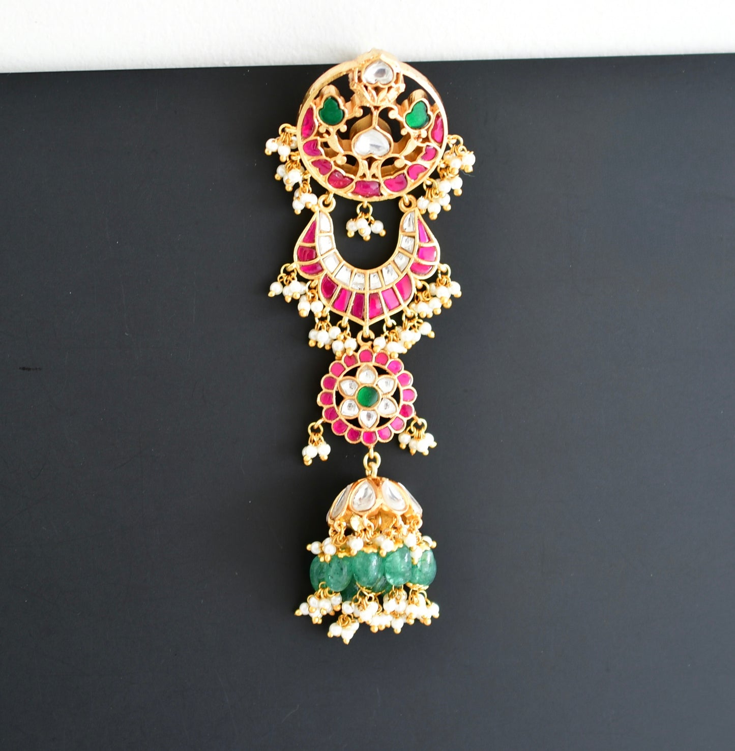 Gold tone pink-green kundan jadau floral hair jewel dj-52382