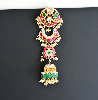 Gold tone pink-green kundan jadau floral hair jewel dj-52382