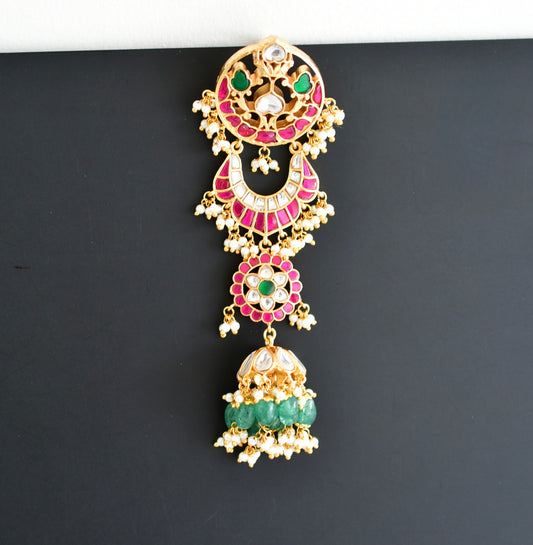 Gold tone pink-green kundan jadau floral hair jewel dj-52382
