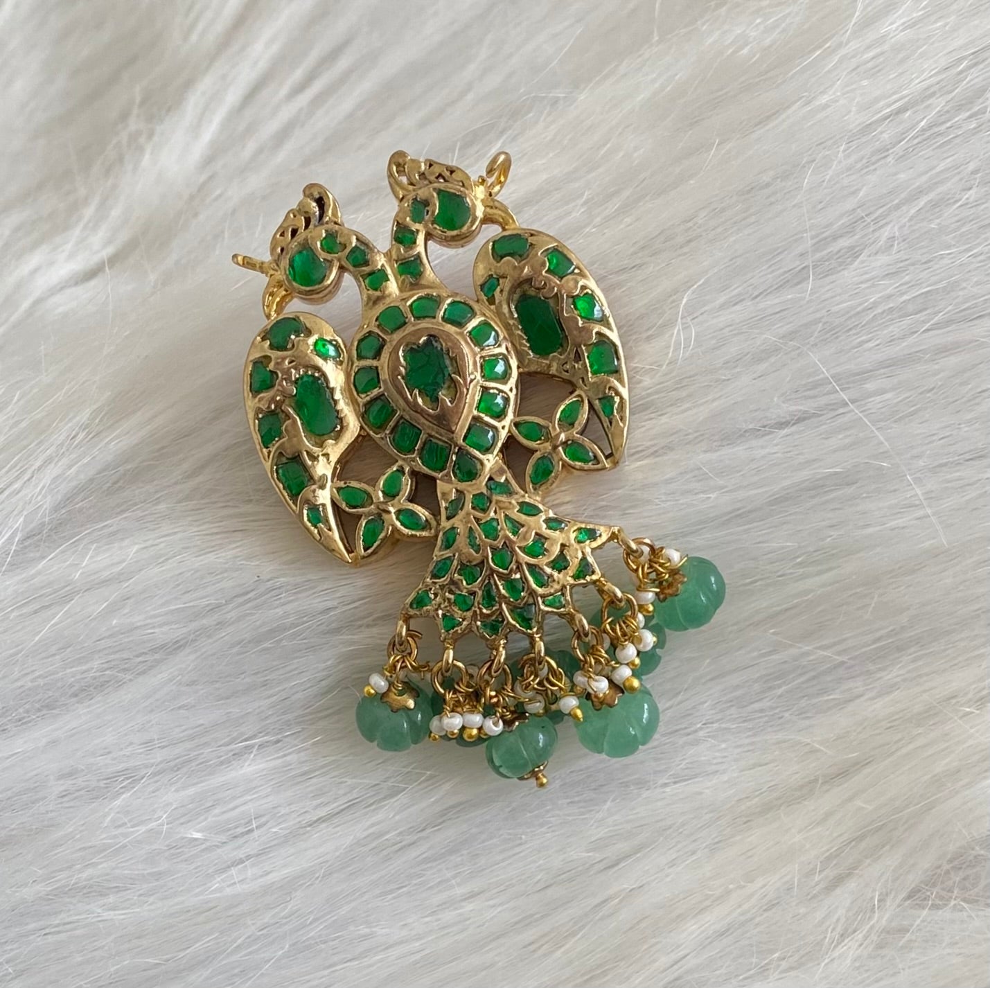 Gold tone pink-green kundan jadau reversible Gandaberunda pendant dj-53842