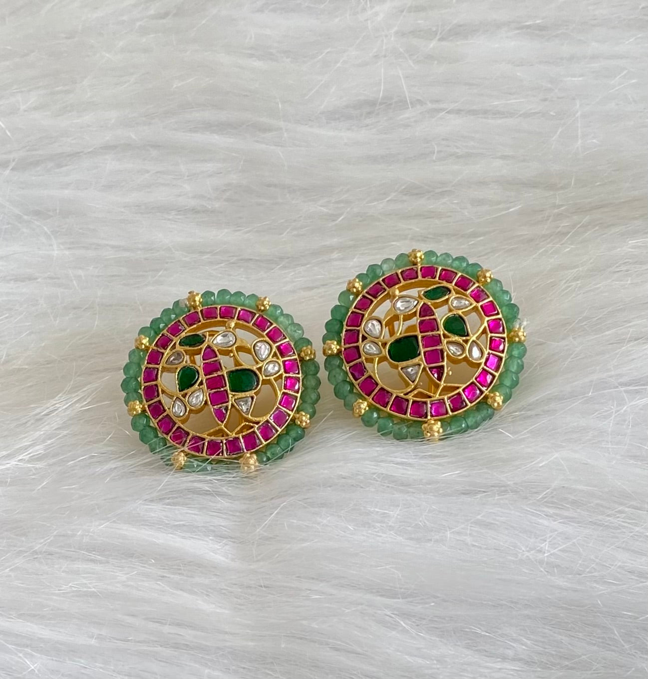 Gold tone pink-green-white kundan jadau green beaded peacock round stud/earrings dj-54578