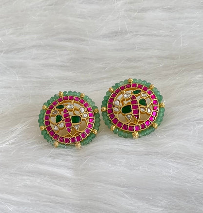 Gold tone pink-green-white kundan jadau green beaded peacock round stud/earrings dj-54578